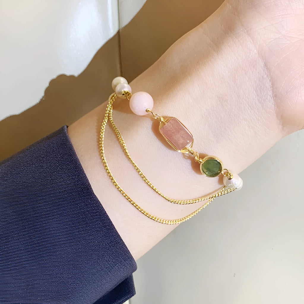 Women's pink freshwater pearl and strawberry quartz crystal bracelet with geometric bead design