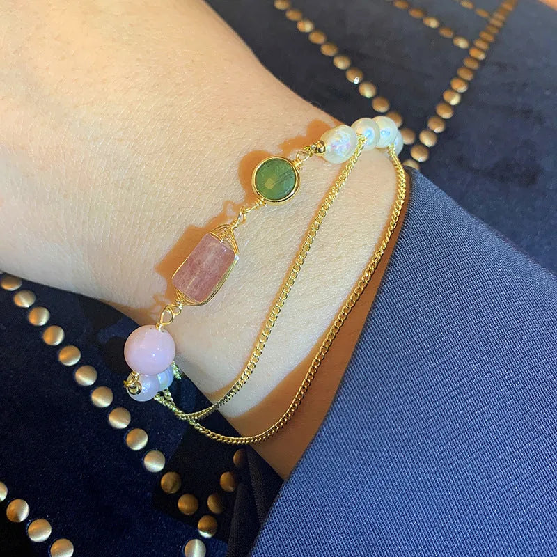 Women's pink freshwater pearl and strawberry quartz crystal bracelet with geometric bead design