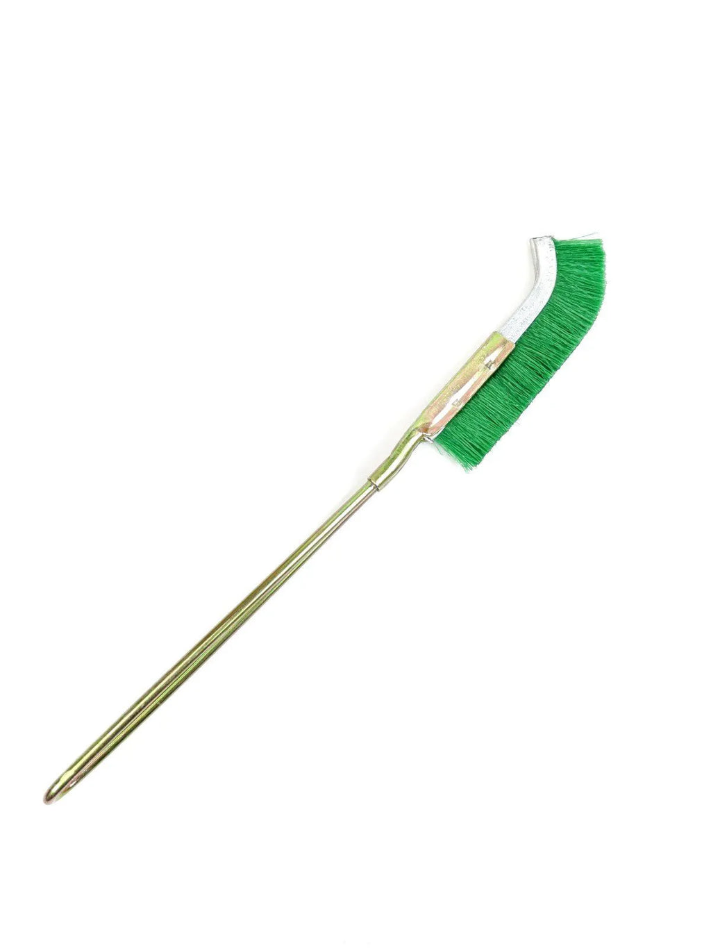 Green mini elbow brush with nylon wire head and metal handle for rust removal.