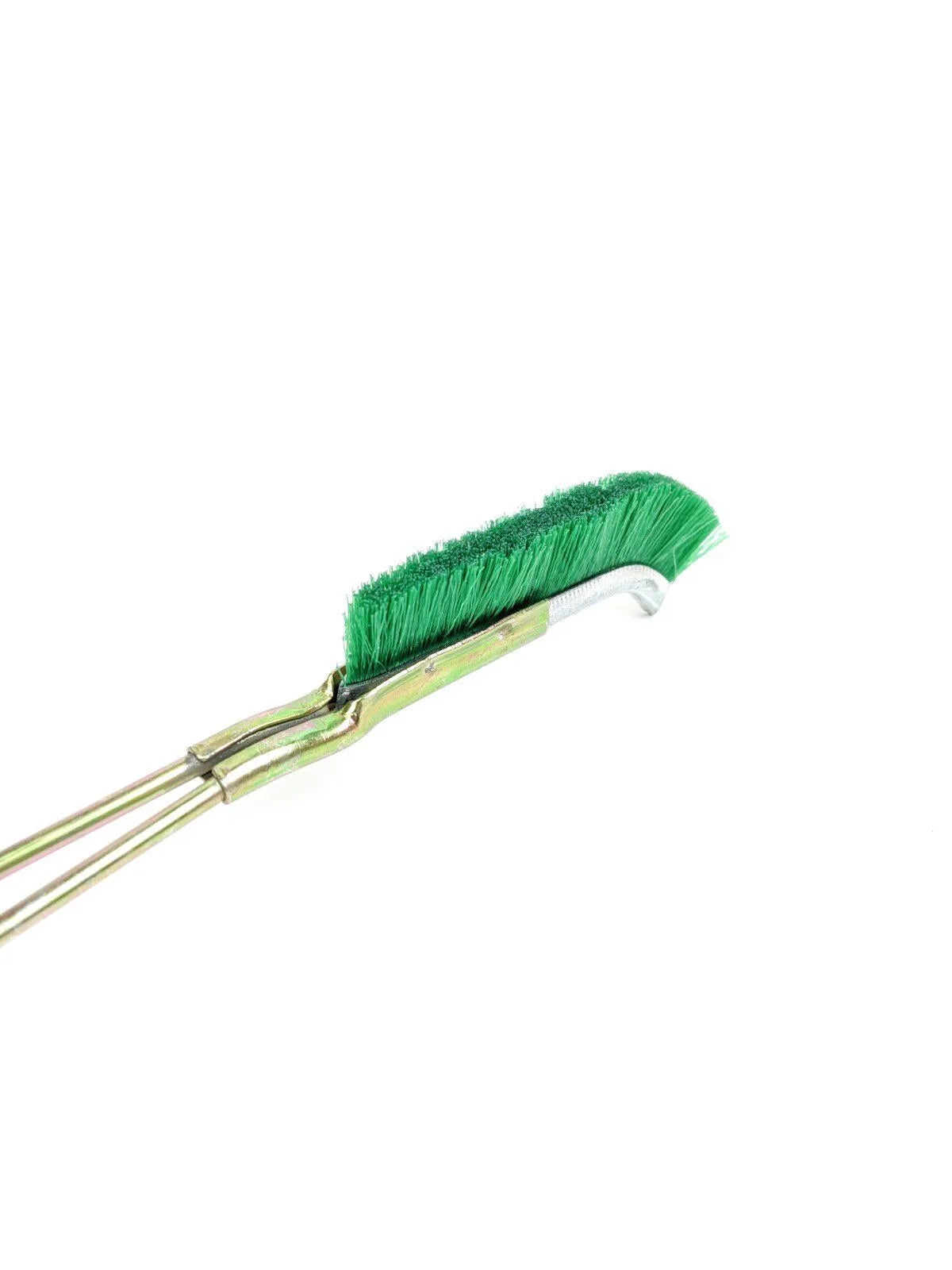 Green mini elbow brush with nylon wire head and metal handle for rust removal.