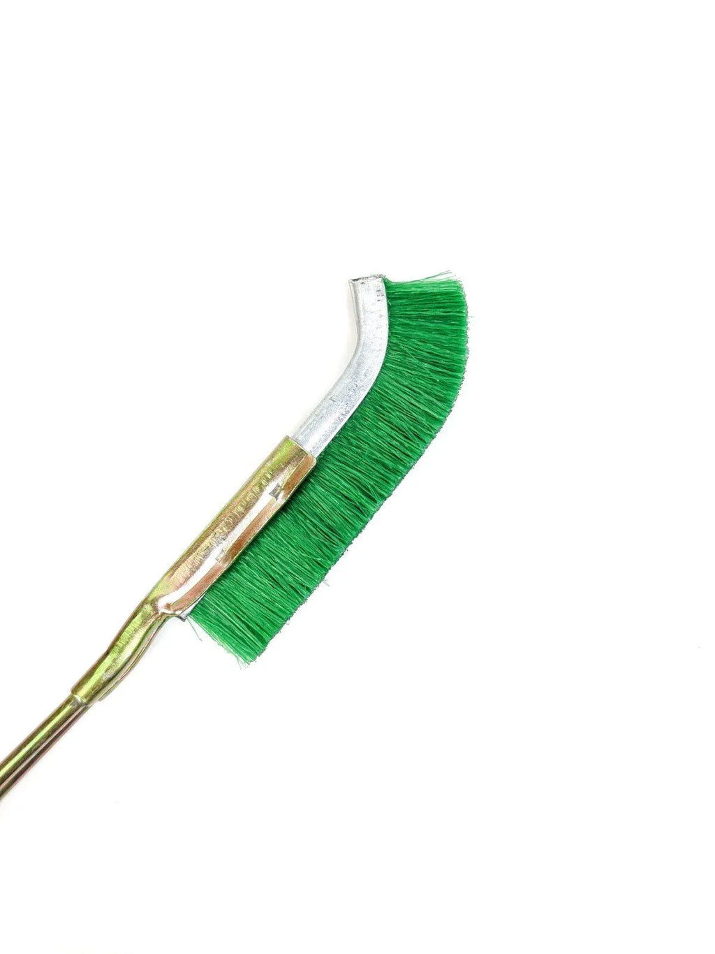 Green mini elbow brush with nylon wire head and metal handle for rust removal.