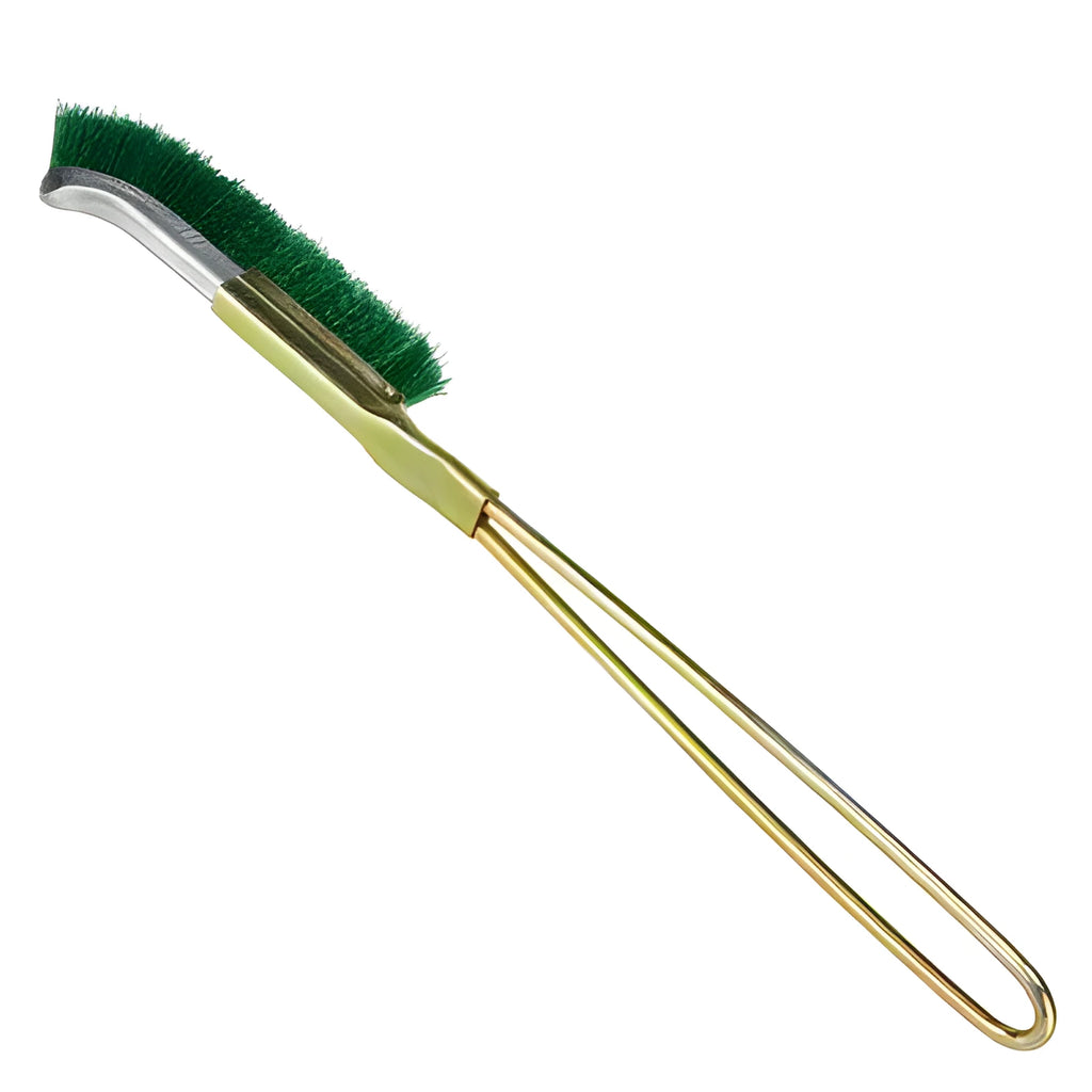 Green mini elbow brush with nylon wire head and metal handle for rust removal.