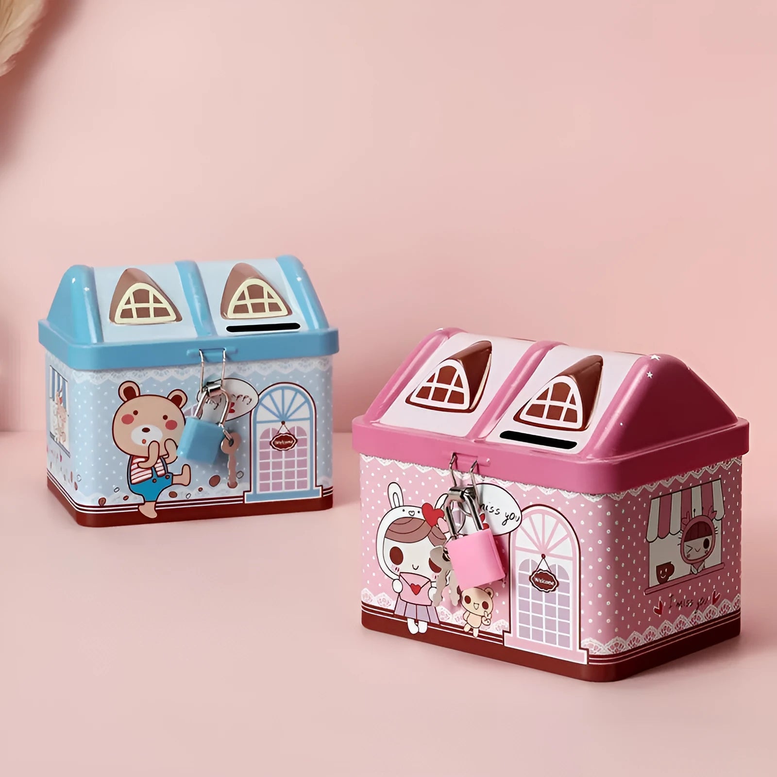 Blue house-shaped tinplate piggy bank for coin saving on a wooden desk