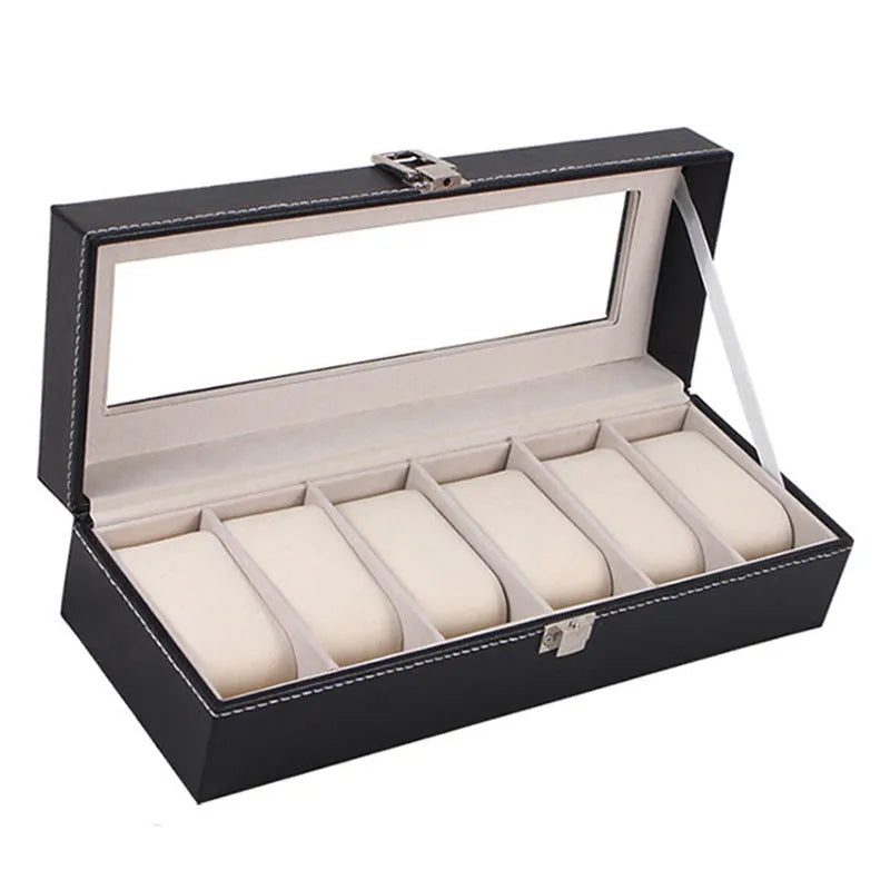 Black wooden watch display box with six compartments measuring 30cm long by 11cm wide by 8cm high