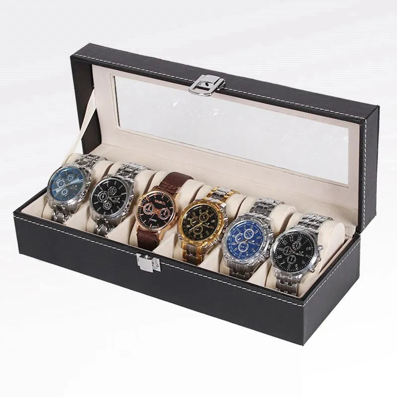Black wooden watch display box with six compartments measuring 30cm long by 11cm wide by 8cm high