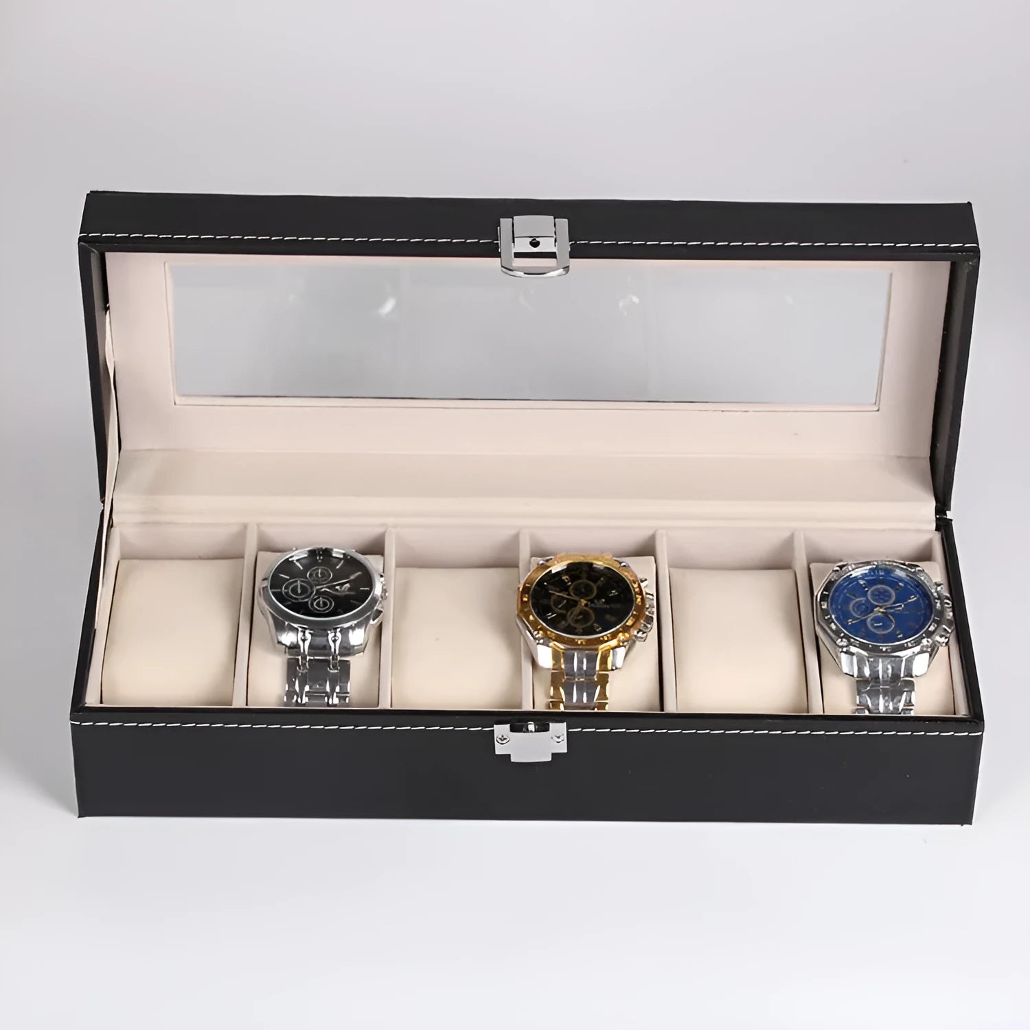 Black wooden watch display box with six compartments measuring 30cm long by 11cm wide by 8cm high