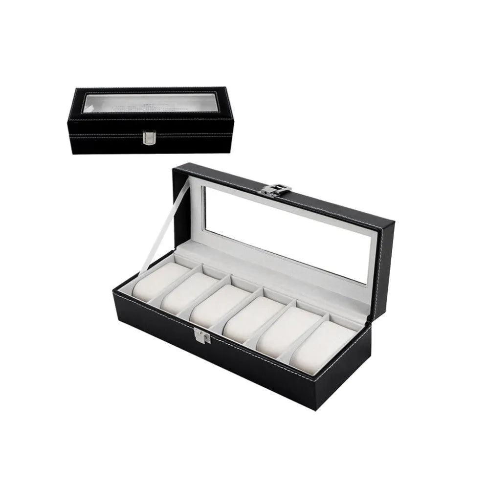 Black wooden watch display box with six compartments measuring 30cm long by 11cm wide by 8cm high
