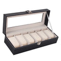Black wooden watch display box with six compartments measuring 30cm long by 11cm wide by 8cm high