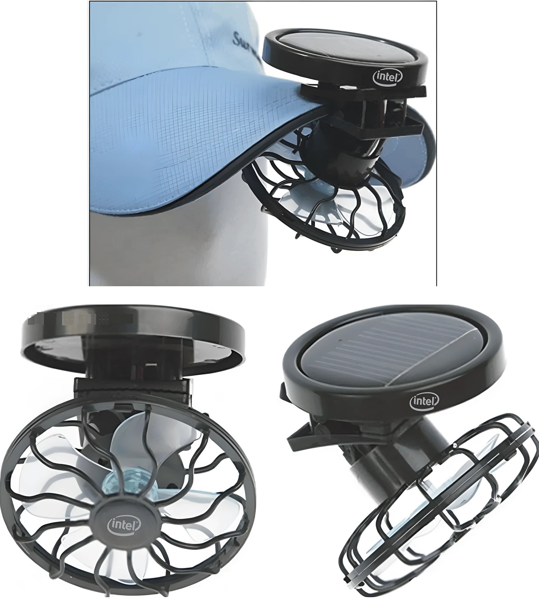 Black portable solar-powered clip-on cooling fan for outdoor activities