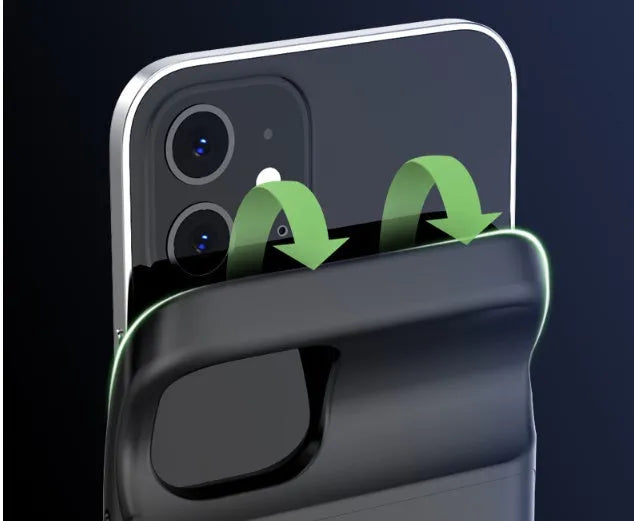 Black ultra-thin TPU back clip wireless battery pack for iPhone 12, showing clip and multi-U port.
