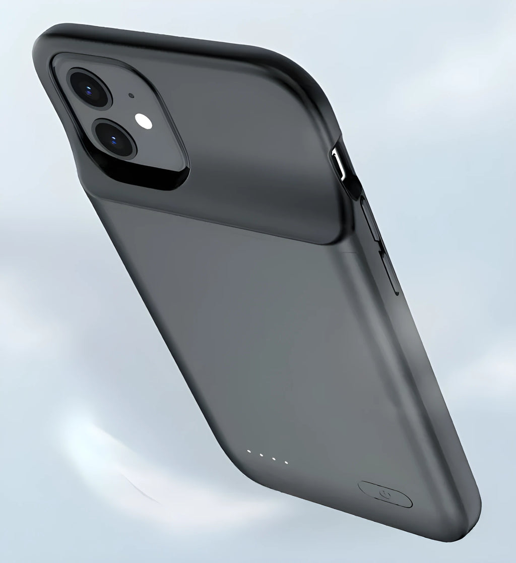 Black ultra-thin TPU back clip wireless battery pack for iPhone 12, showing clip and multi-U port.