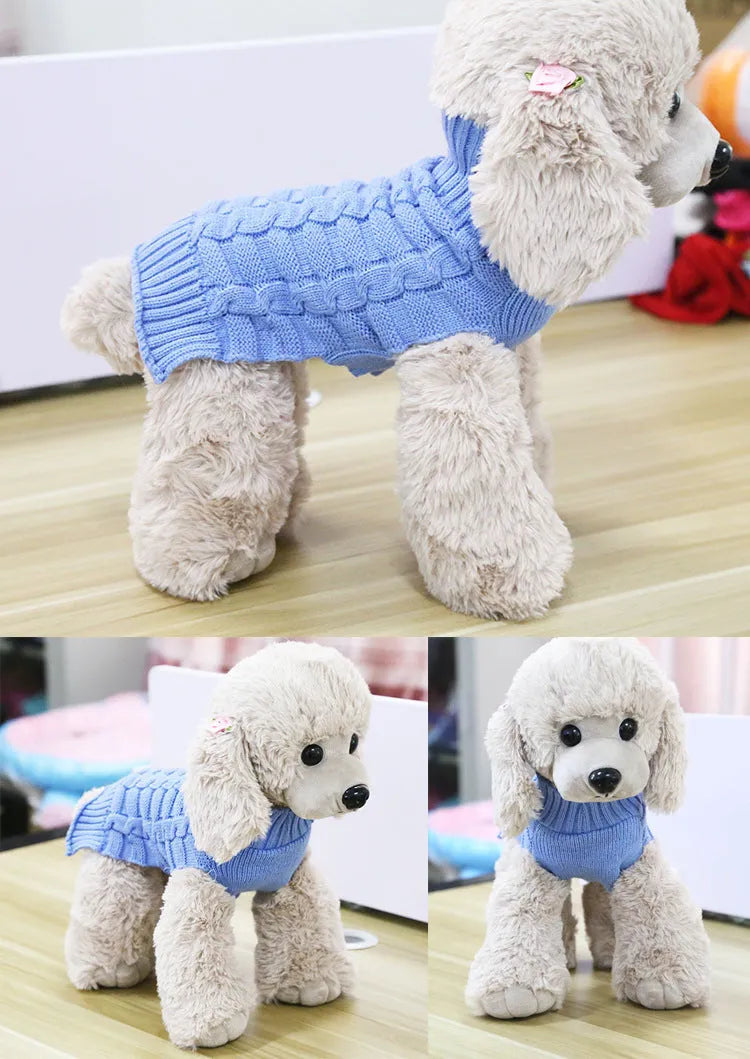 Cashmere twisted rope knit dog sweater shown in a choice of blue, pink, purple, or red colours.