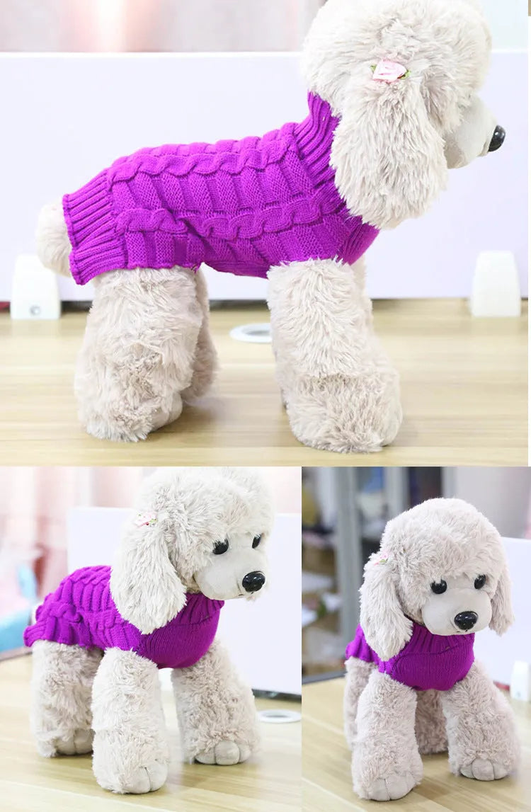 Cashmere twisted rope knit dog sweater shown in a choice of blue, pink, purple, or red colours.