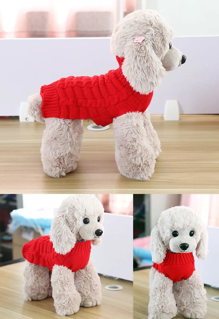 Cashmere twisted rope knit dog sweater shown in a choice of blue, pink, purple, or red colours.
