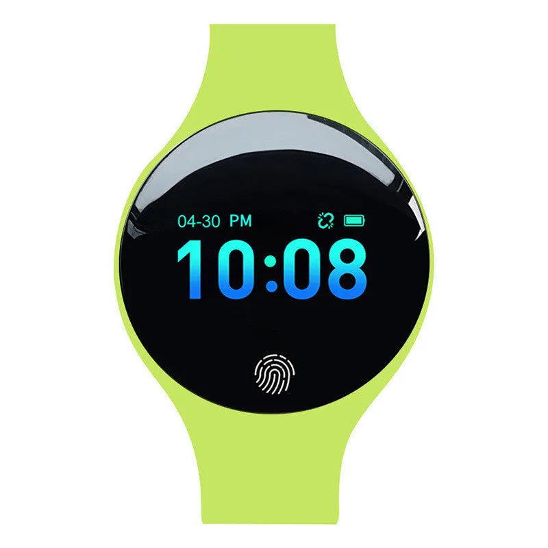 Smart watch with coloured bands showing on wrist with smartphone notification display