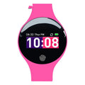 Smart watch with coloured bands showing on wrist with smartphone notification display
