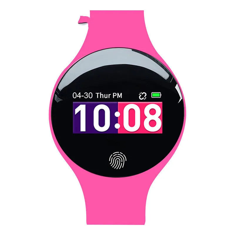 Smart watch with coloured bands showing on wrist with smartphone notification display