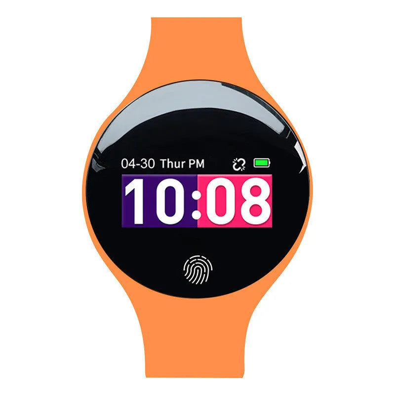 Smart watch with coloured bands showing on wrist with smartphone notification display