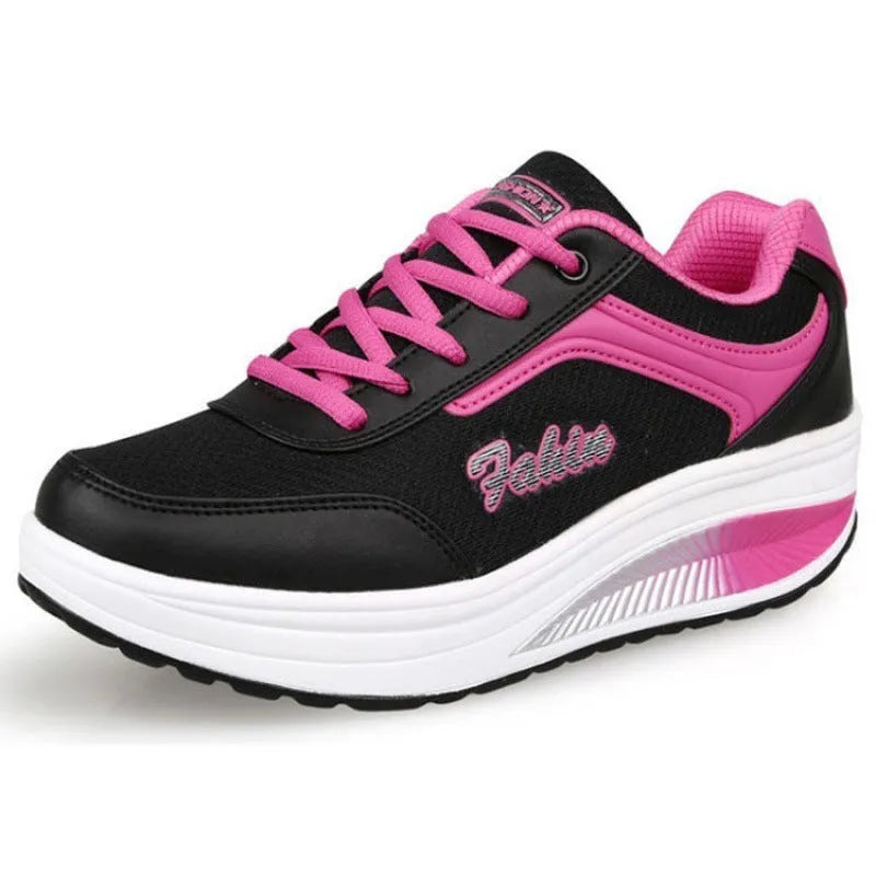Women's heelless sports shoe in a selection of colours with a middle heel, shown with size scale.