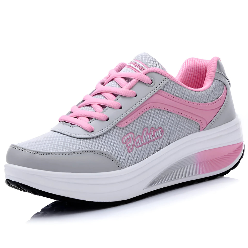 Women's heelless sports shoe in a selection of colours with a middle heel, shown with size scale.