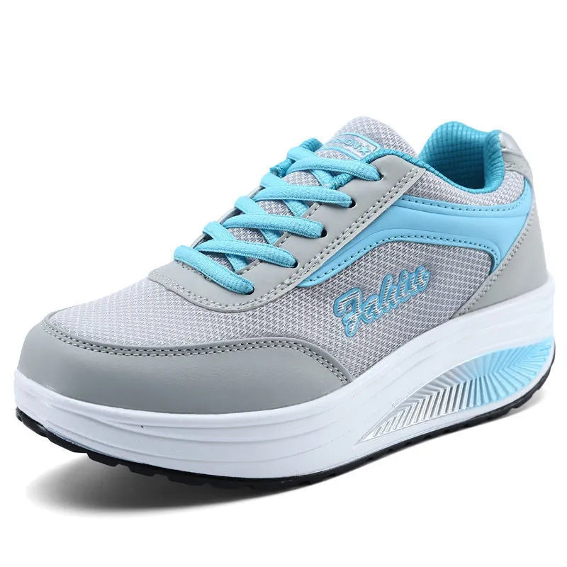 Women's heelless sports shoe in a selection of colours with a middle heel, shown with size scale.