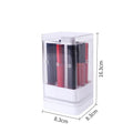 Clear press lift lipstick storage box with dust-proof cover on a desktop, showing pink and white colour options.