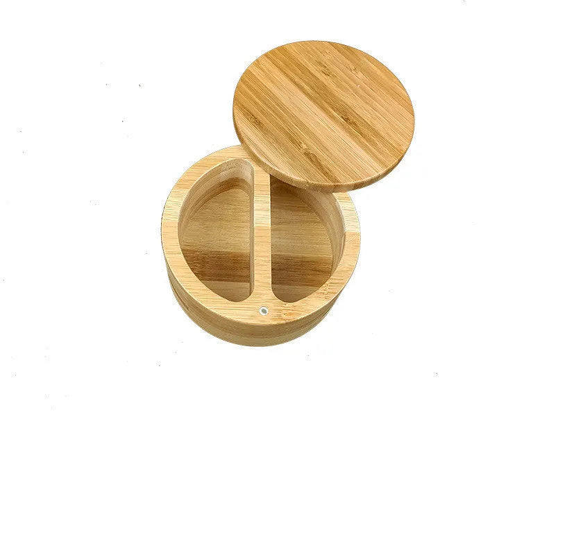 Bamboo seasoning storage box with spoon in pear-shaped, single, and double-compartment round designs.