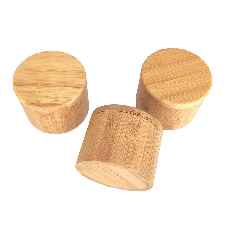 Bamboo seasoning storage box with spoon in pear-shaped, single, and double-compartment round designs.