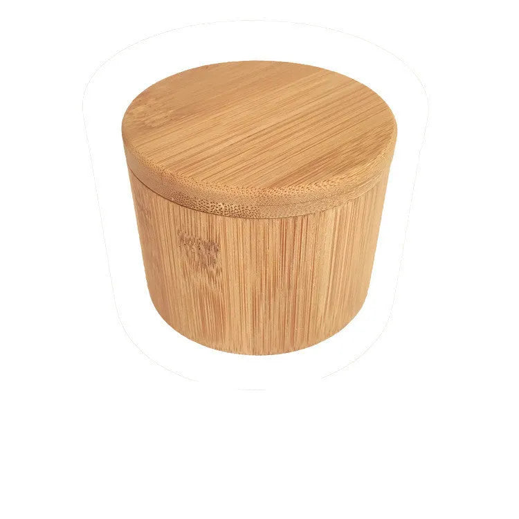 Bamboo seasoning storage box with spoon in pear-shaped, single, and double-compartment round designs.