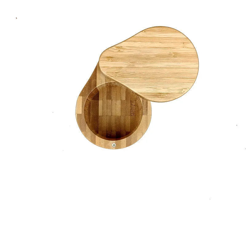 Bamboo seasoning storage box with spoon in pear-shaped, single, and double-compartment round designs.