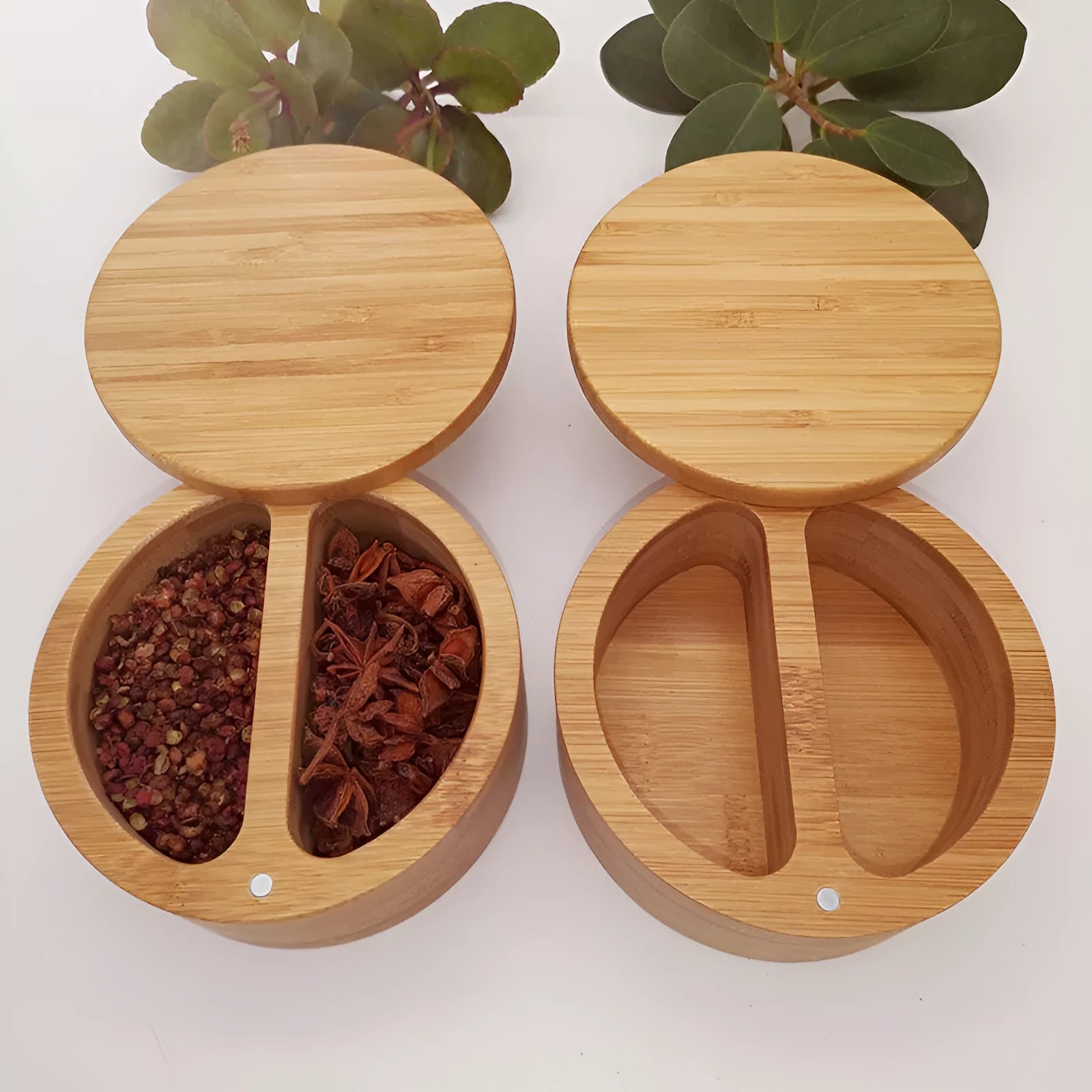 Bamboo seasoning storage box with spoon in pear-shaped, single, and double-compartment round designs.