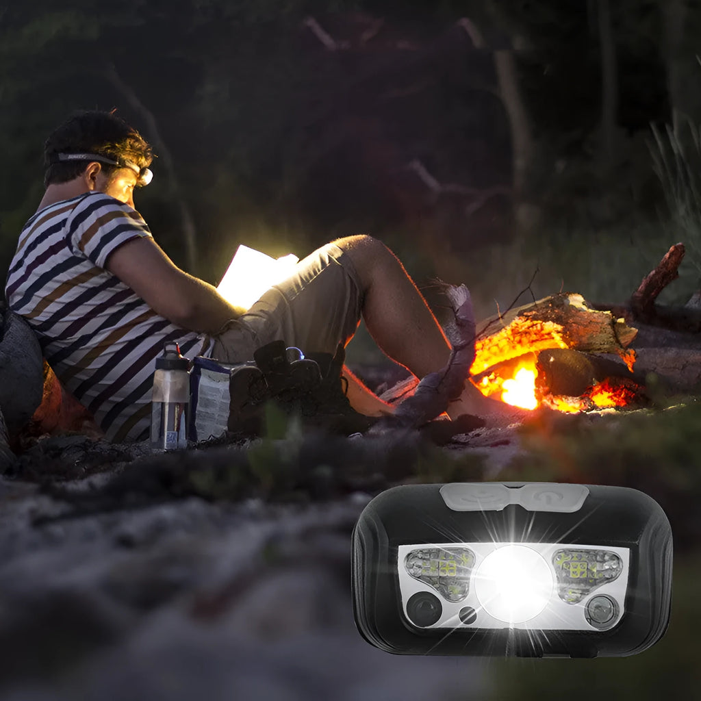 Black USB rechargeable sensor headlight with white and red LEDs, showing motion sensor activation zone