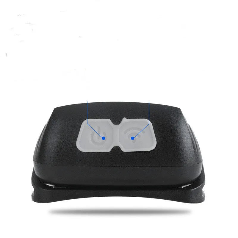 Black USB rechargeable sensor headlight with white and red LEDs, showing motion sensor activation zone