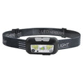 Black USB rechargeable sensor headlight with white and red LEDs, showing motion sensor activation zone