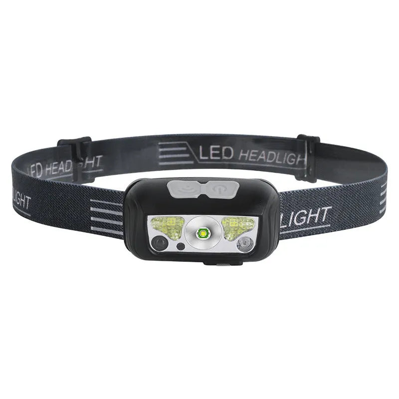 Black USB rechargeable sensor headlight with white and red LEDs, showing motion sensor activation zone
