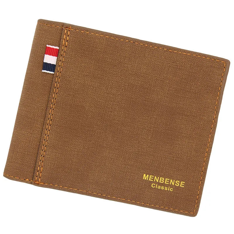 Men's tri-fold wallet in black, navy, dark brown, and light brown colours showing closed front.