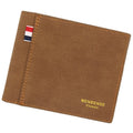 Men's tri-fold wallet in black, navy, dark brown, and light brown colours showing closed front.