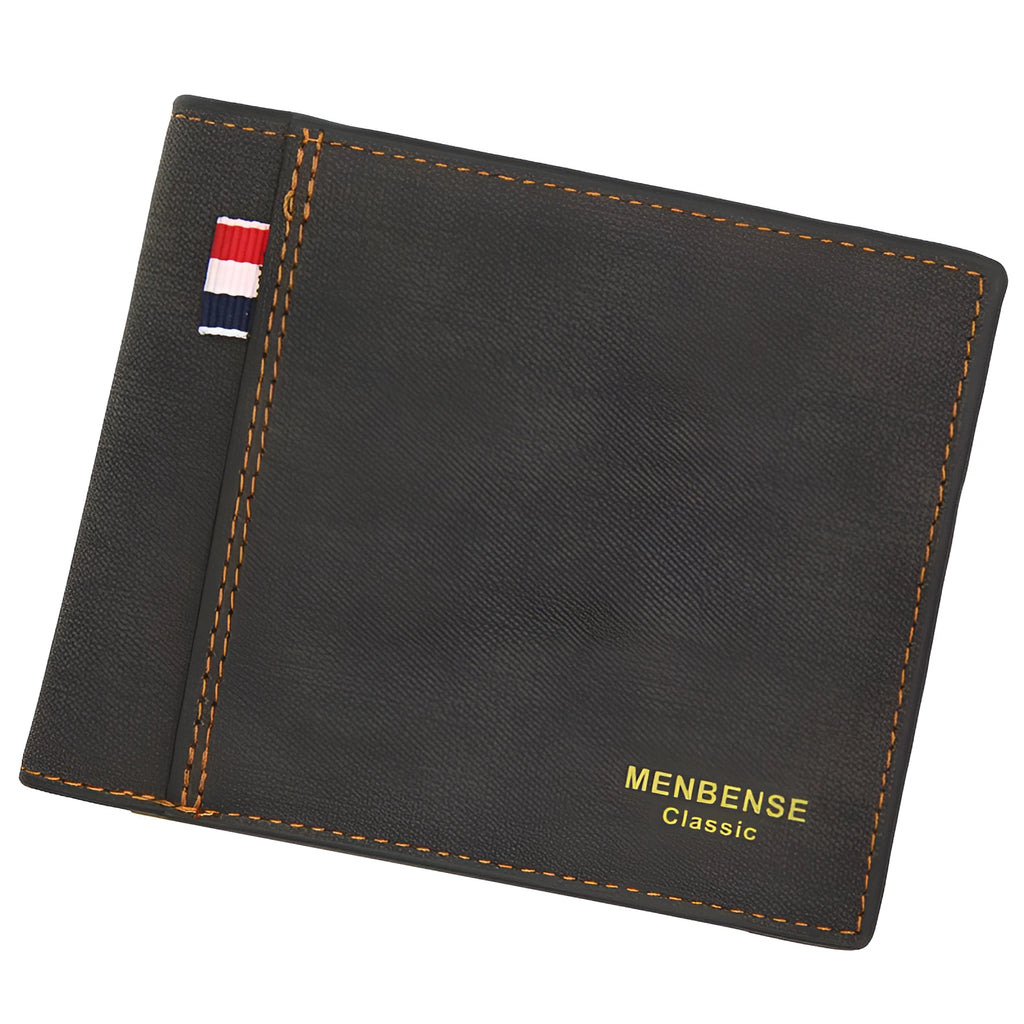 Men's tri-fold wallet in black, navy, dark brown, and light brown colours showing closed front.