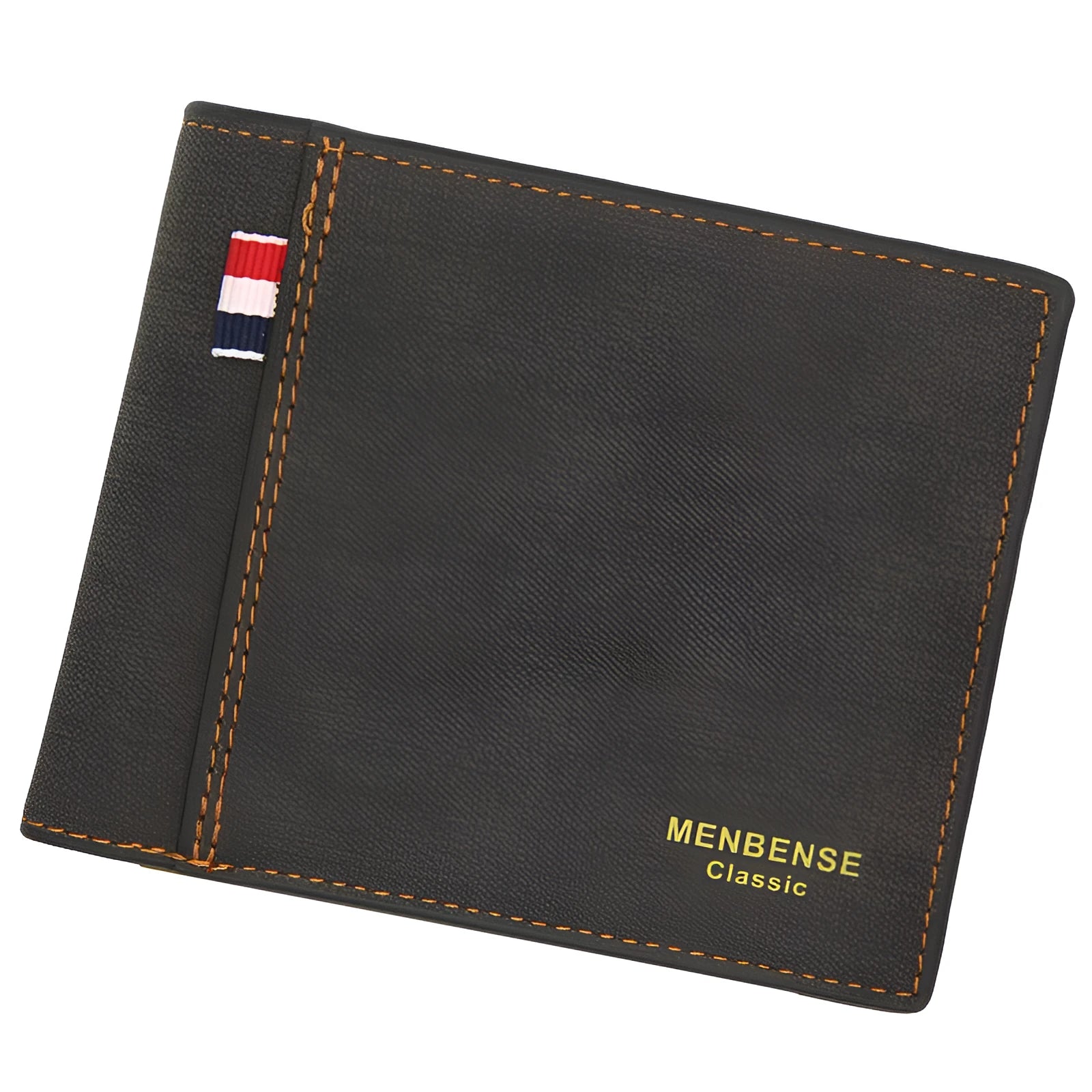 Men's tri-fold wallet in black, navy, dark brown, and light brown colours showing closed front.