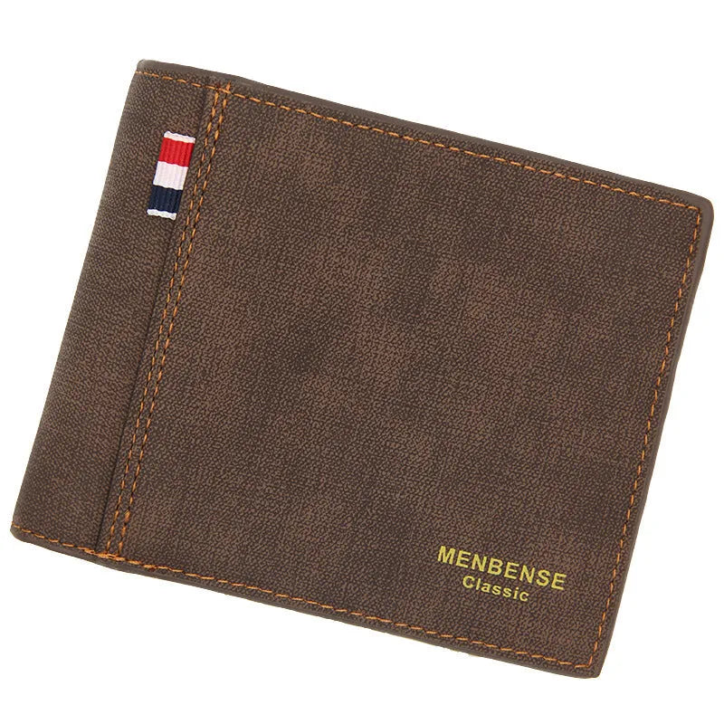 Men's tri-fold wallet in black, navy, dark brown, and light brown colours showing closed front.