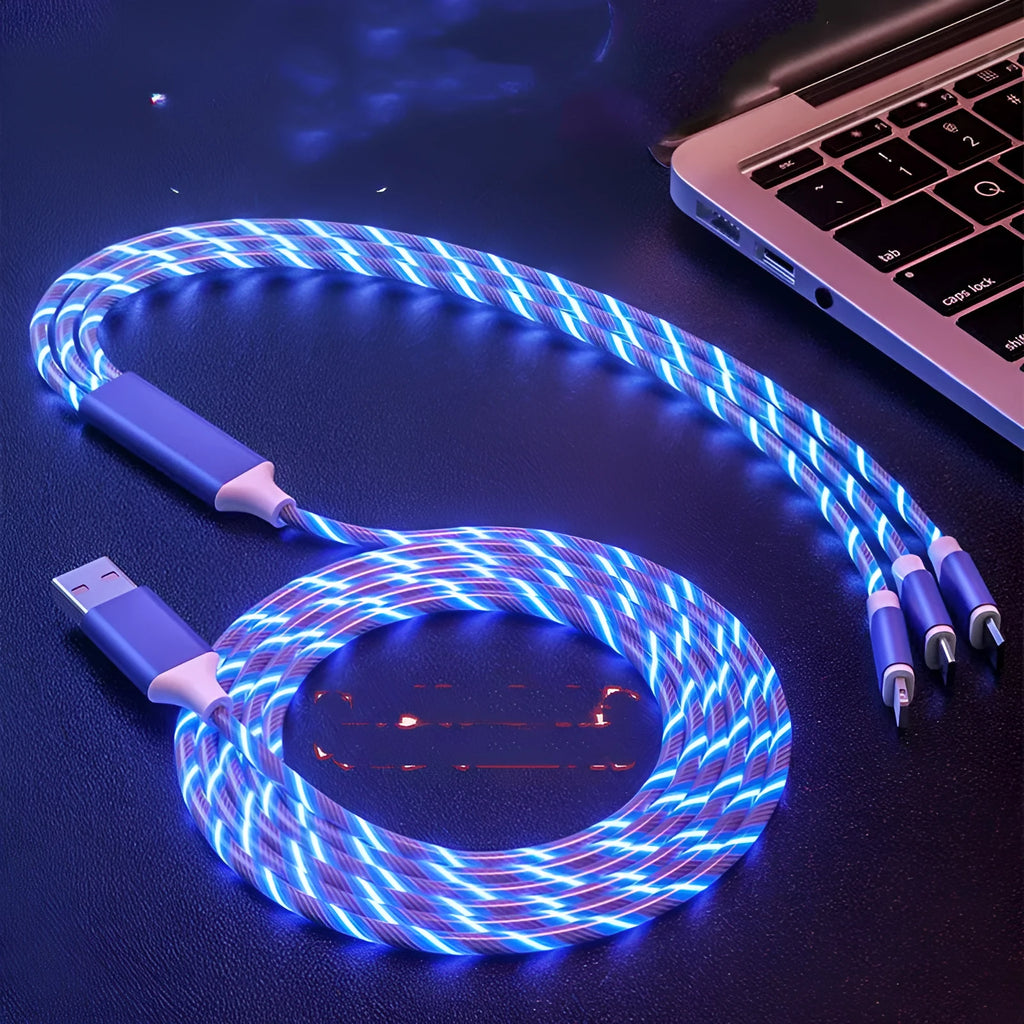 USB one-for-three streamer data cable with colourful marquee lights and split connector for charging three devices