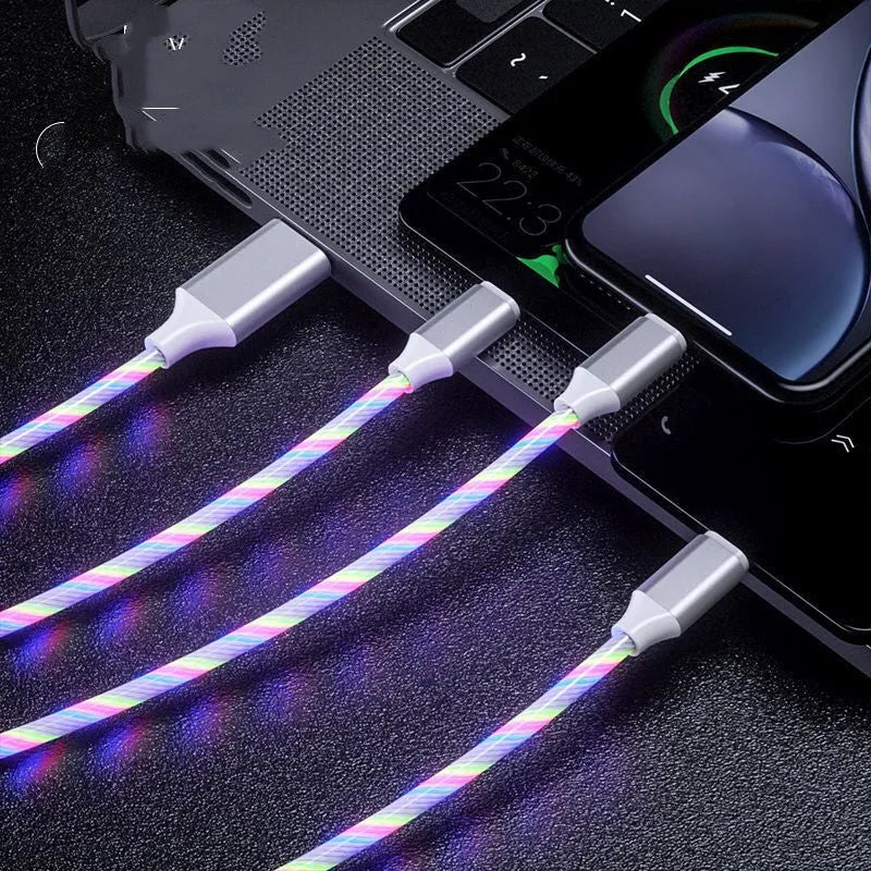 USB one-for-three streamer data cable with colourful marquee lights and split connector for charging three devices