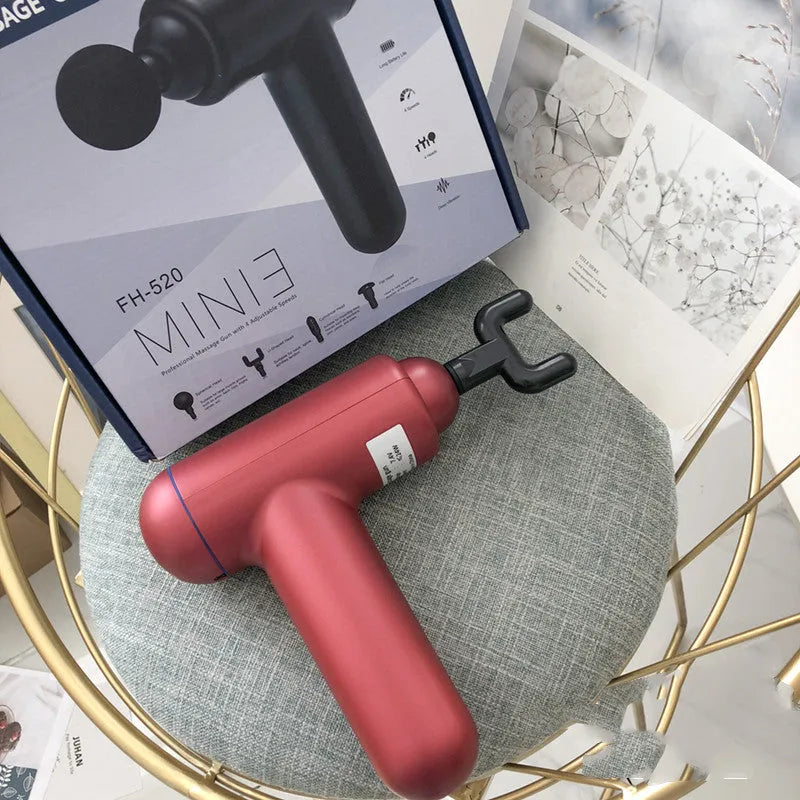 God fascia gun muscle massager in black, red, and grey colour options with USB charging port.