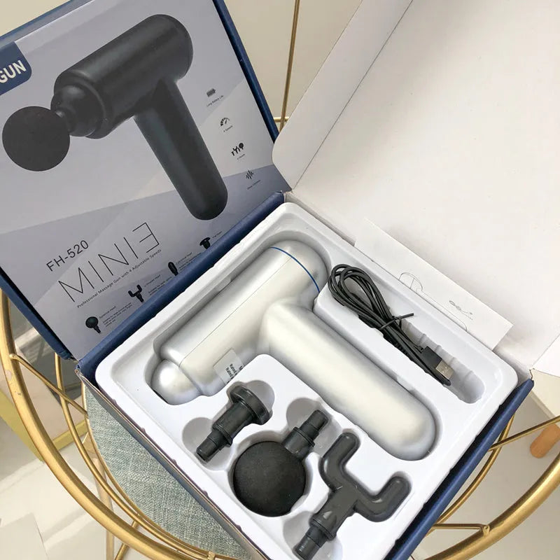 God fascia gun muscle massager in black, red, and grey colour options with USB charging port.