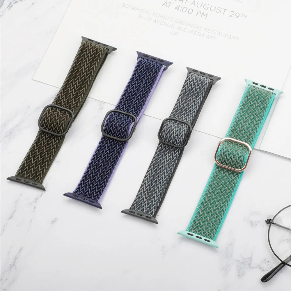 Braided nylon elastic Apple Watch strap in wave pattern design, shown in multiple colours.