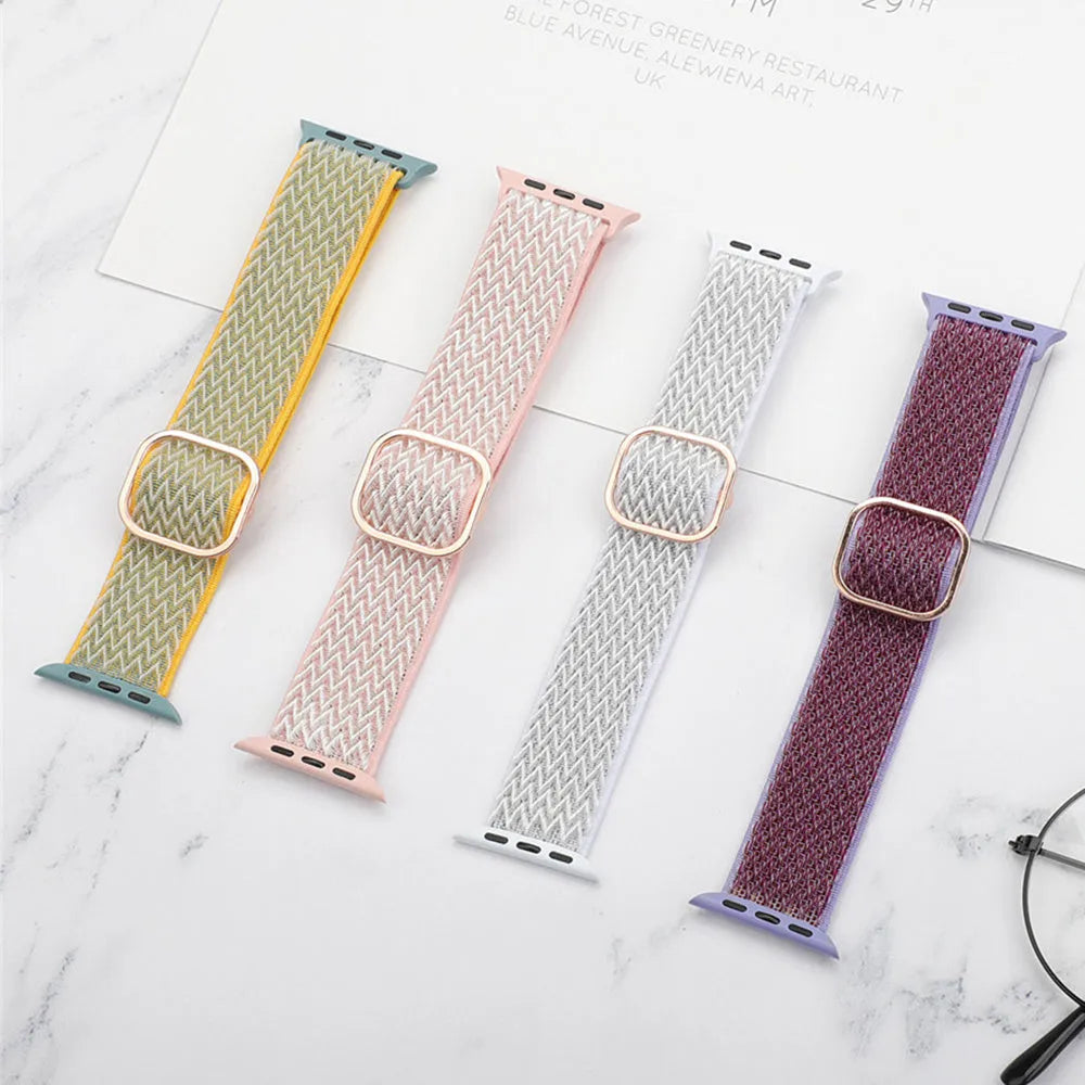 Braided nylon elastic Apple Watch strap in wave pattern design, shown in multiple colours.