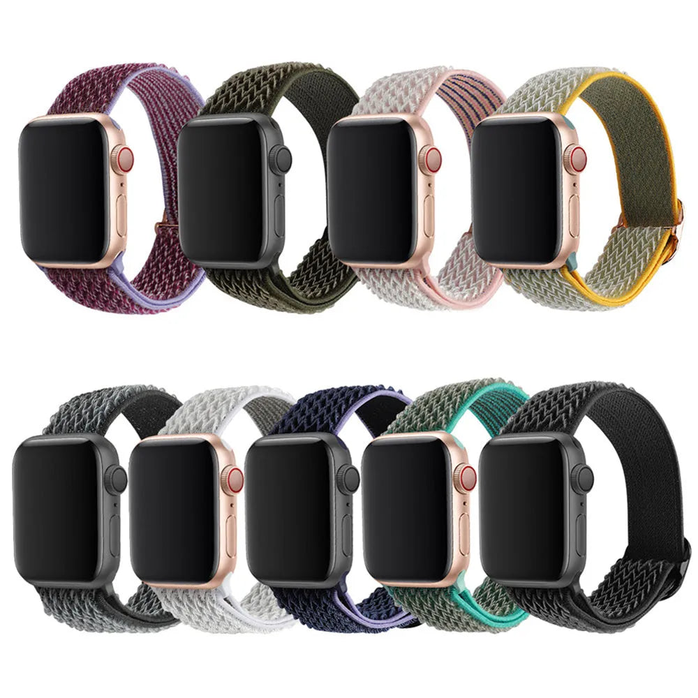 Braided nylon elastic Apple Watch strap in wave pattern design, shown in multiple colours.