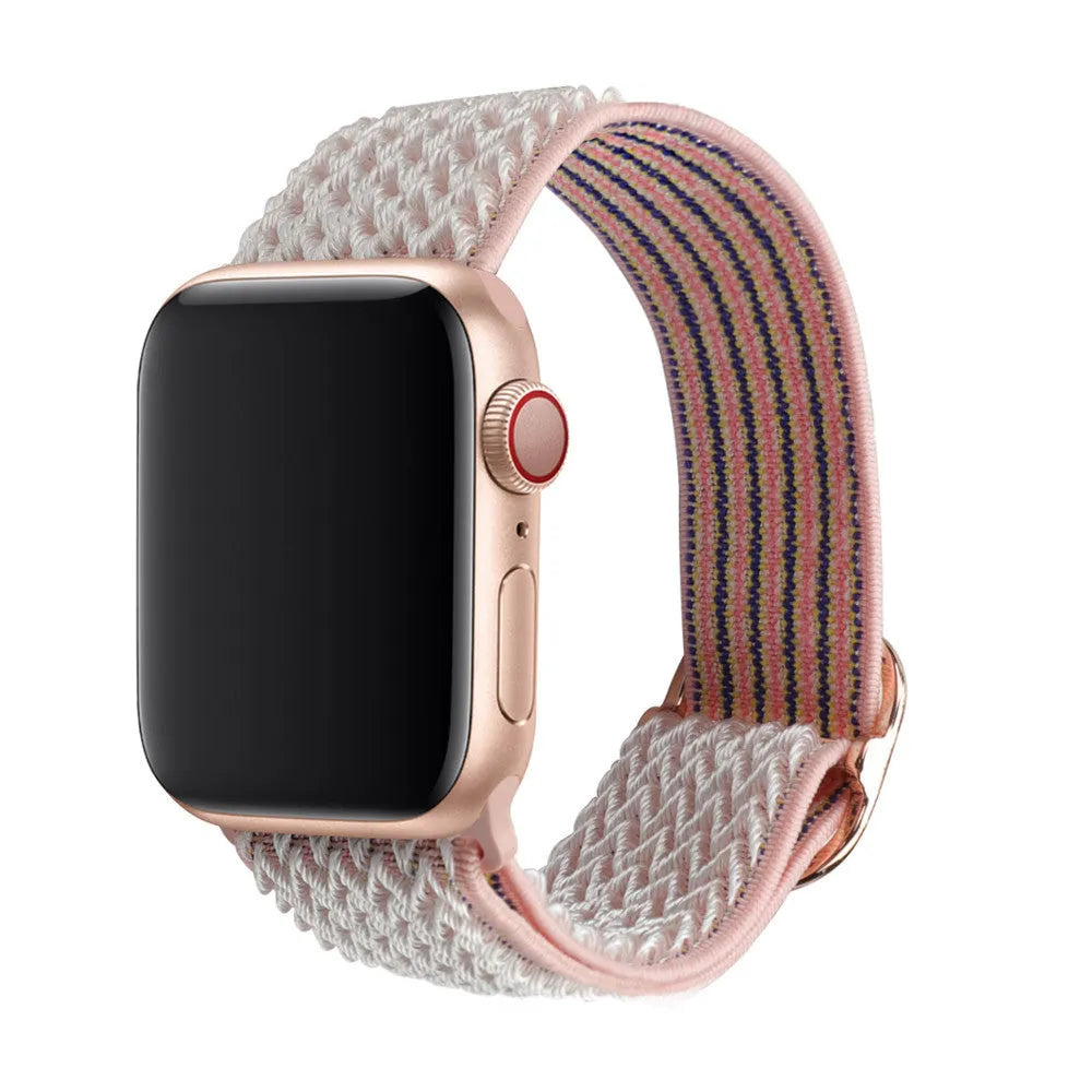 Braided nylon elastic Apple Watch strap in wave pattern design, shown in multiple colours.