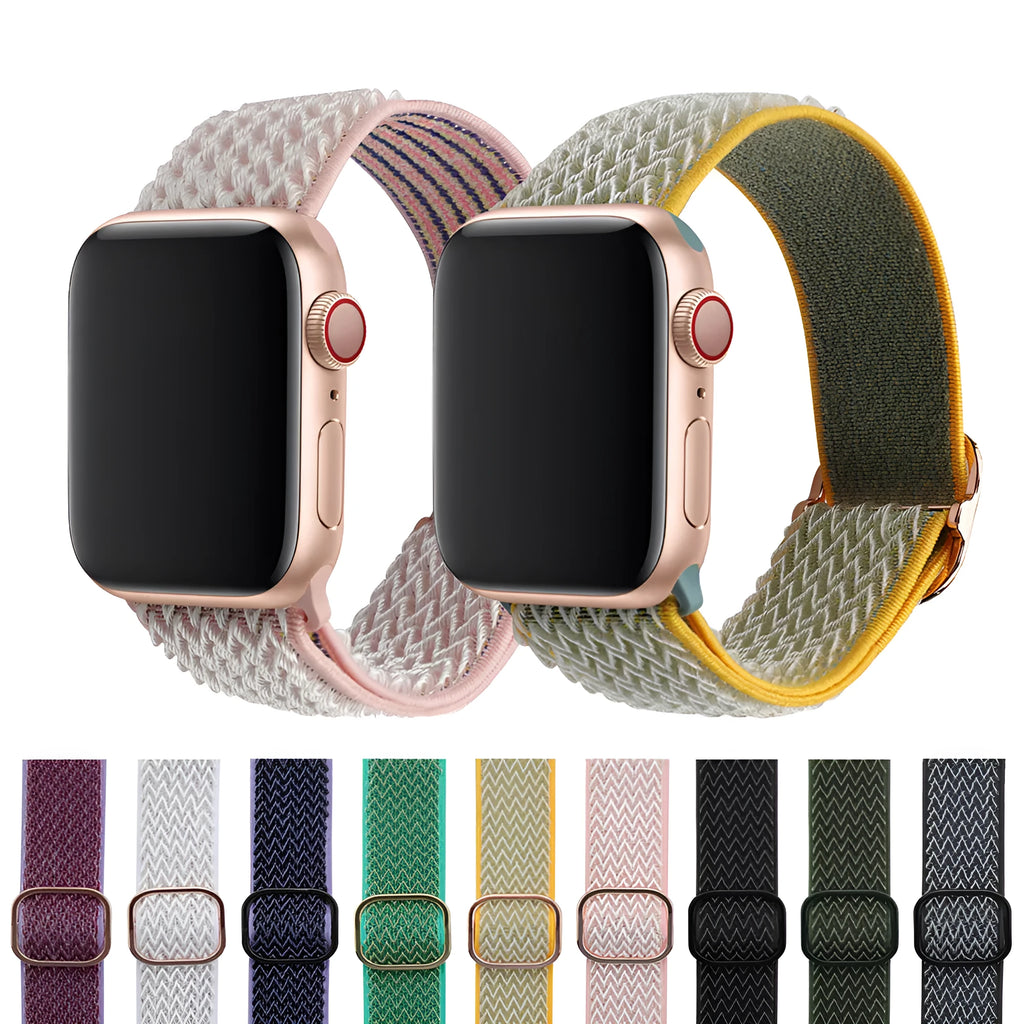 Braided nylon elastic Apple Watch strap in wave pattern design, shown in multiple colours.