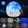 Starry sky projector night light projecting cosmic patterns, showing plastic body with push button.
